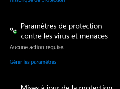 Liens à cliquer dans Sécurité Windows pour accéder aus paramètres de protection contre les virus.