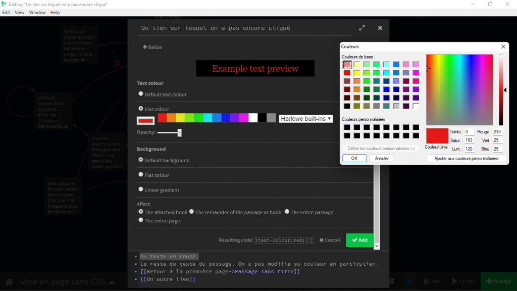 Le menu Text and background colour montre le rendu avec l'option choisie. Les options sont Default text colour et Flat colour.