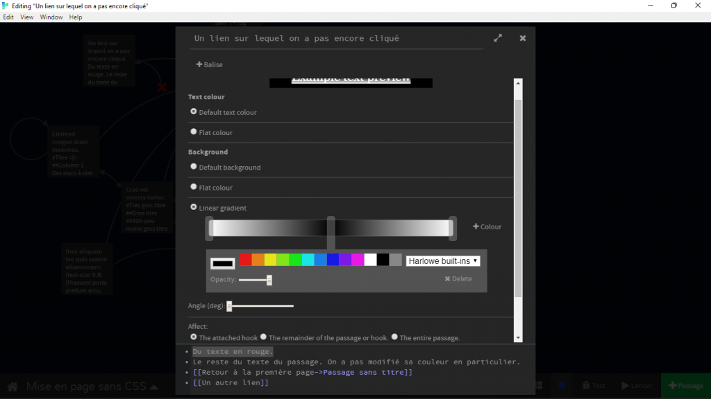 La section Background avec ses options : « Default text colour », « Flat colour », et « Linear gradient ».