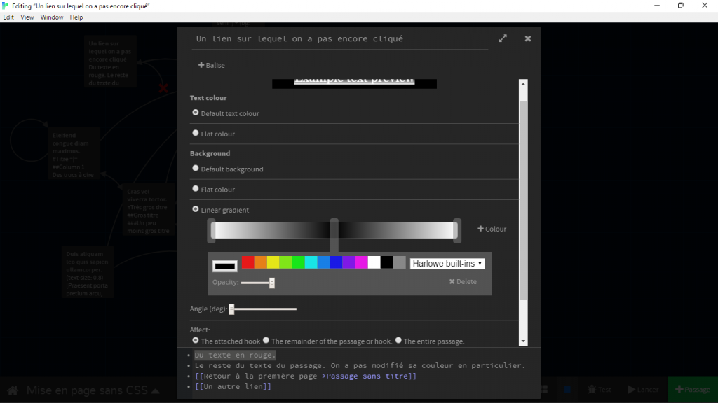 La section Background avec ses options : « Default text colour », « Flat colour », et « Linear gradient ».