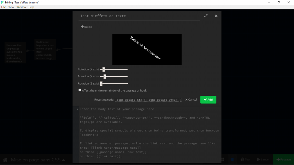 Une capture d'écran du menu de rotation du texte. Un zone de prévisualisation permet d'observer les changements appliqués par les trois curseurs en dessous.