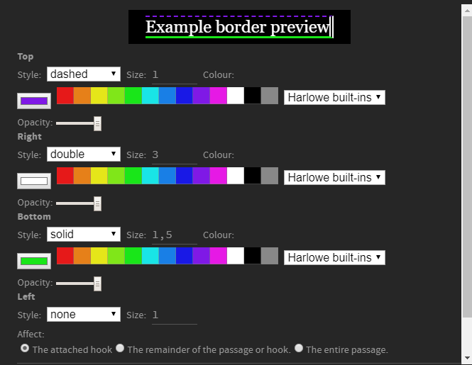 Capture d'écran du menu « Bordure » de Harlowe, avec des paramètres pour chaque côté et un zone de prévisualisation.