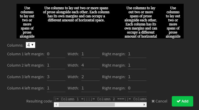 Capture d'écran du menu Harlowe permettant d'ajouter des colonnes et d'en prévisualiser le résultat.