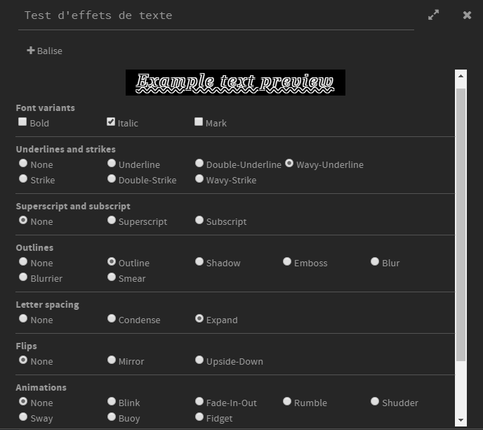 Capture d'écran du haut du menu « Styles ». Sous une zone de prévisualisation des effets se trouvent différentes catégories d'effets avec des cases à cocher.