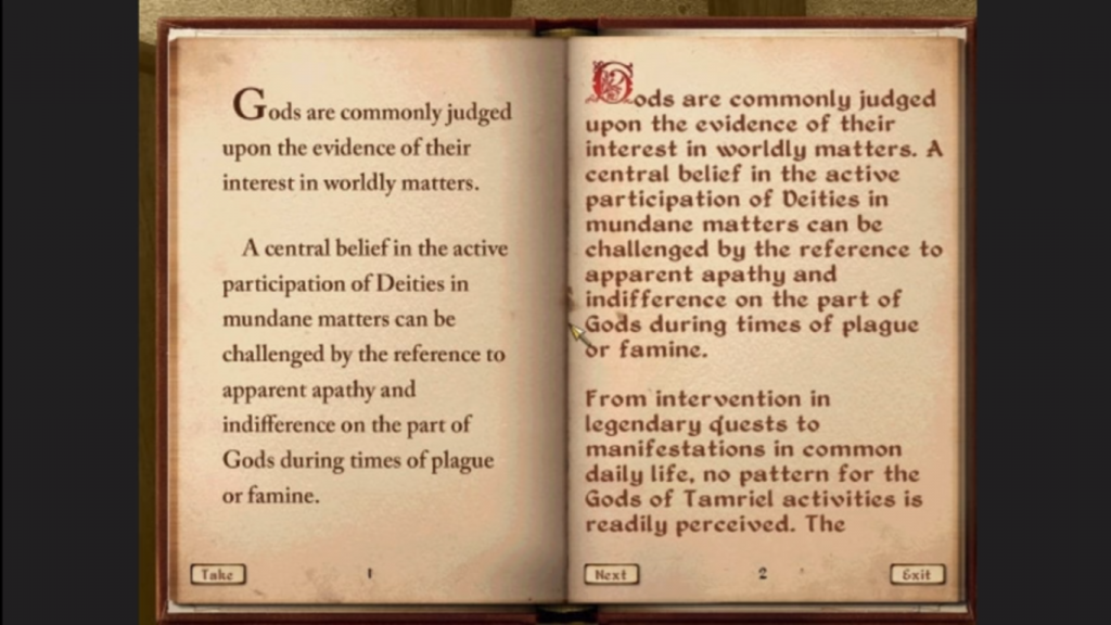 Une page du jeu tirée de The Elder Scrolls IV: Oblivion, ainsi que la même page avec une présentation plus lisible faite par Joseph Humphrey.