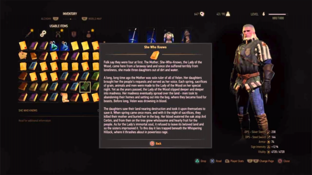 L'écran d'inventaire de The Witcher, avec le texte dans une fenêtre avec beaucoup d'images et d'éléments distrayants en fond.
