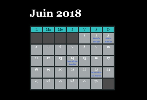 Calendrier réalisé avec une grille CSS.