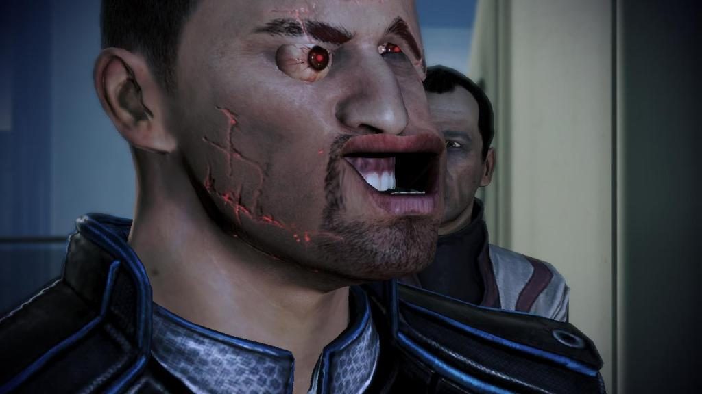 Capture d'écran de Mass Effect montrant le personnage avec un visage déformé