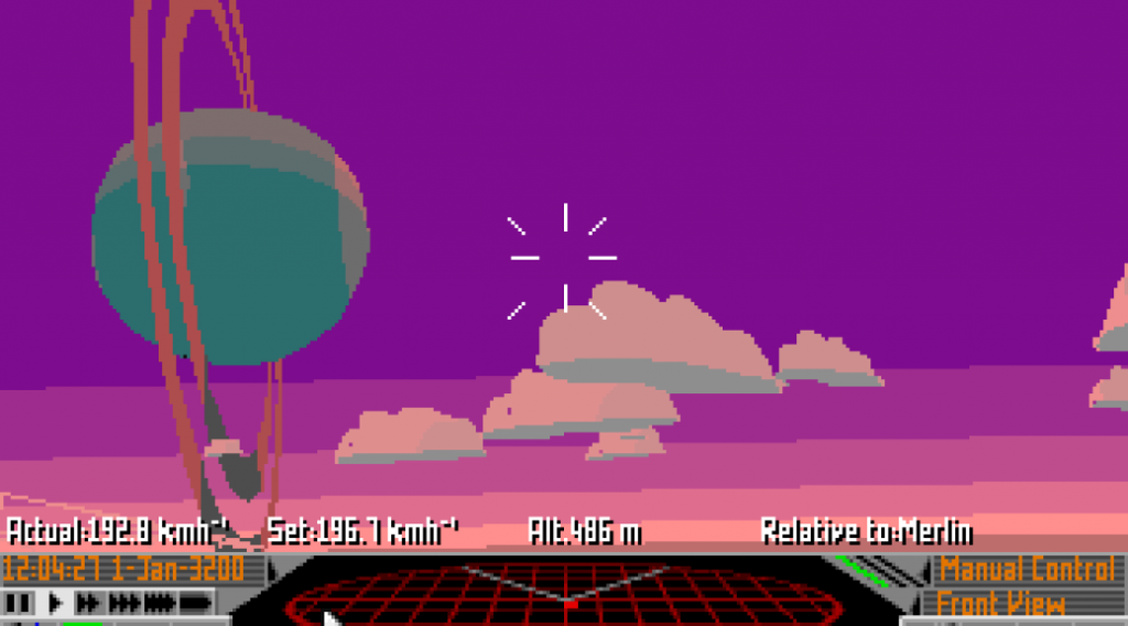 Capture d'écran d'Elite II, où l'on voit un tableau de bord, une planète et des nuages.
