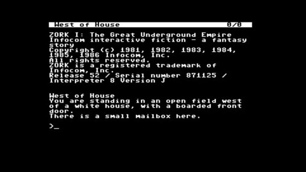 Capture d'écran du début de Zork.