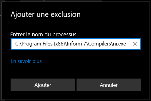 Champ pour entrer une exclusion dans Sécurité Windows.