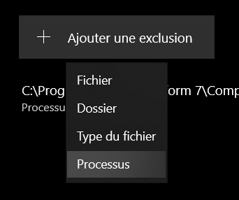 Menu dans Sécurité Windows permettant d'ajouter un processus en exclusion.