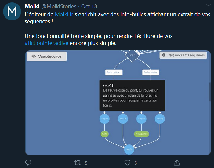 Tweet de Moiki montrant sa dernière fonctionnalité.