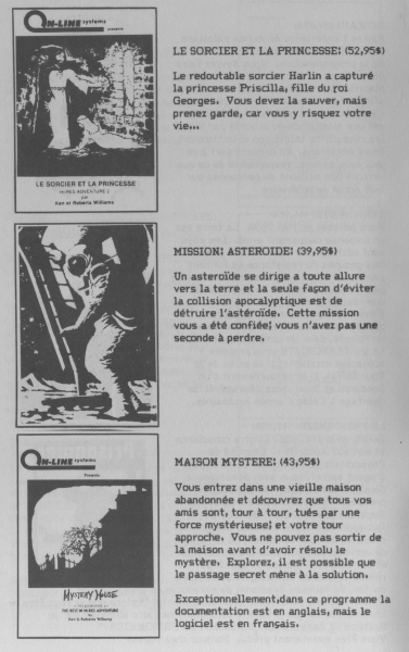 Page du catalogue Computerre montrant les jeux Le Sorcier et la princesse, Mission: Astéroïde et Maison Mystère.