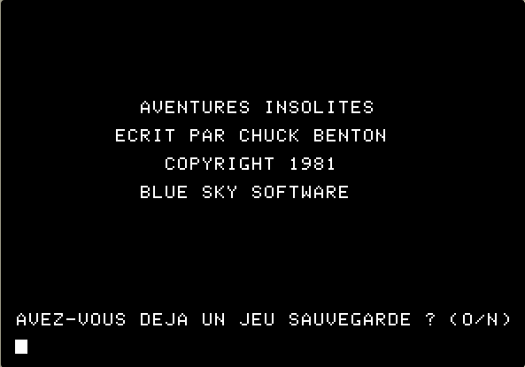 Écran titre d'Aventures insolites: du texte blanc sur fond noir indiquant le titre et le nom de l'auteur.