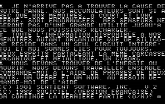 Capture d'écran de Cyborg. L'écran est rempli par du texte.