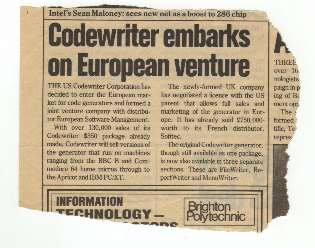 Coupure de journal anglaise parlant de la venue de CodeWriter en Europe.