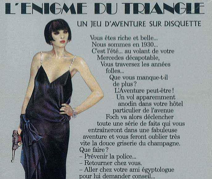 Jaquette de l'Énigme du triangle, montrant un femme en robe noire tenant un pistolet, à côté d'une description du jeu.