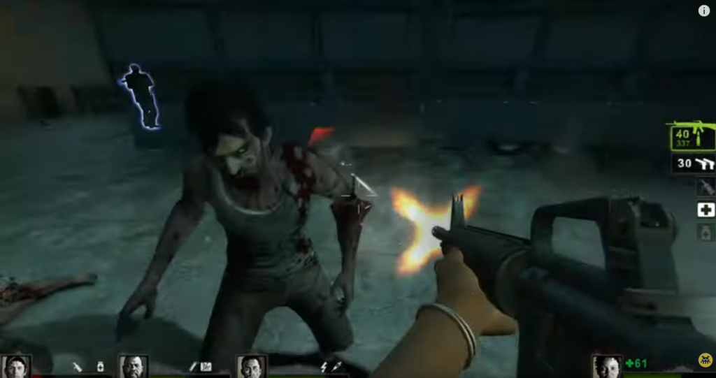 Capture d'écran de Left 4 Dead, avec le joueur tirant sur un zombie.