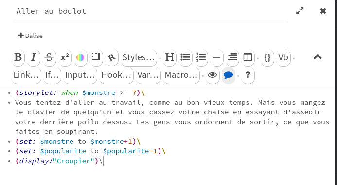 Édition d'un passage Twine, montrant une narramiette quand on va au travail en étant un monstre.