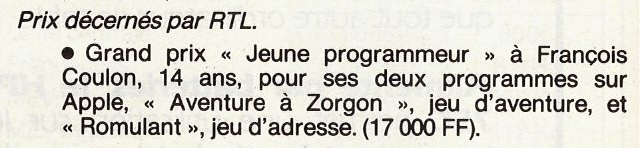 Coupur de RTL, indiquant que François Coulon a gagné, à 14 ans, le grand prix « Jeune programmeur ».