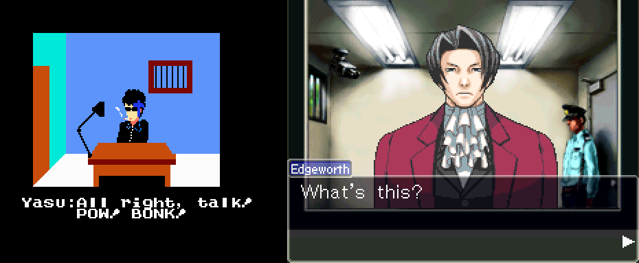 Comparaison entre les interrogatoires de « Portopia » et de « Ace Attorney ».