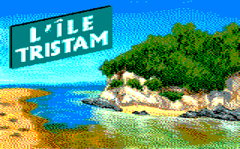 Couverture de L'île Tristam, une image faite sur ordinateur rétro montrant le titre et une plage.
