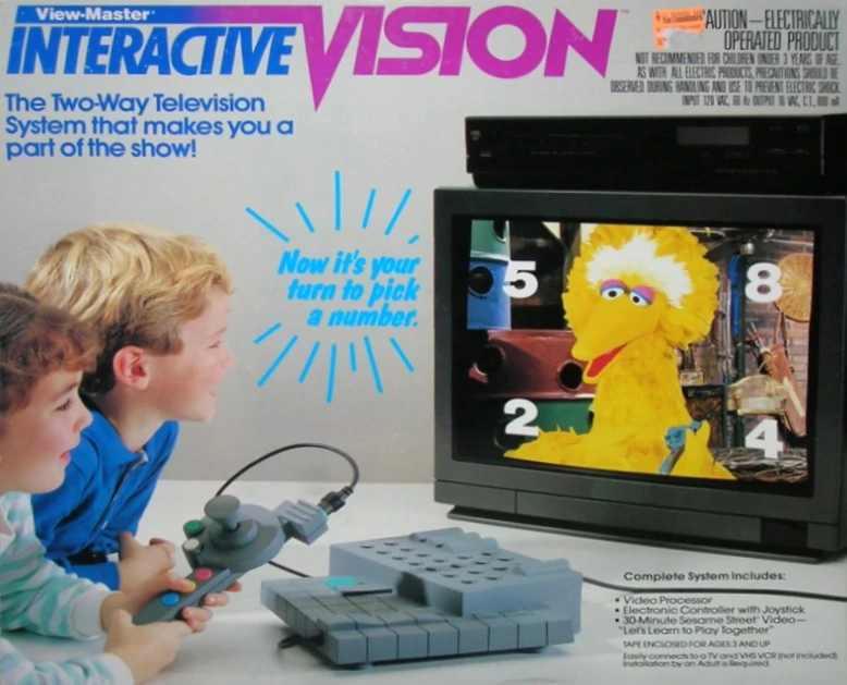 Publicité pour la View-Master Interactive Vision, montrant deux enfant tenant un manette devant une télévision.