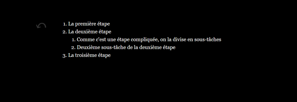 Une capture d'écran du passage produit par le code ci-contre, représentant des listes numérotées imbriquées.