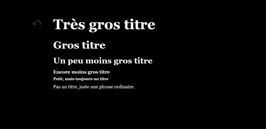 Une capture d'écran du passage produit par le code associé, des titres, de plus en plus petits, précèdent une phrase ordinaire.