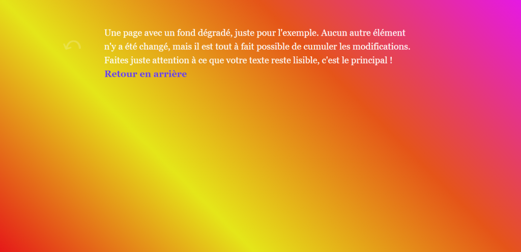 Une page avec un fond dégradé, juste pour l'exemple. Aucun autre élément n'y a été changé, mais il est tout à fait possible de cumuler les modifications. Faites juste attention à ce que votre texte reste lisible, c'est le principal !