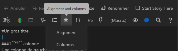 Une capture d'écran de la barre d'outils de Harlowe, après qu'on a cliqué sur le sixième bouton, Alignment and columns, ce qui fait apparaître un menu déroulant comprenant deux options, Alignment et Columns.