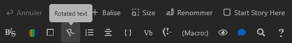 Capture d'écran de la barre d'outils de Harlowe ; le bouton de rotation du texte est en quatrième position.