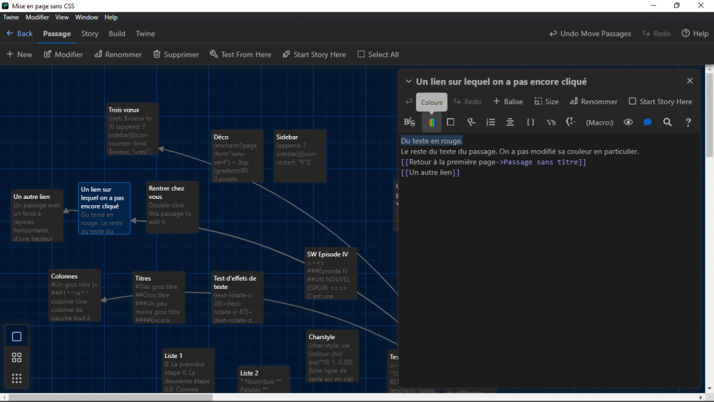 L'éditeur Twine 2. Le deuxième bouton dans la barre d'outils, Colours, permet de changer les couleurs du texte et du fond.