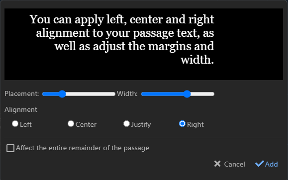 Capture d'écran du menu d'alignement, montrant les différents paramètres et permettant de prévisualiser le résultat.