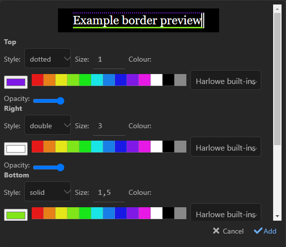 Capture d'écran du menu « Bordure » de Harlowe, avec des paramètres pour chaque côté et une zone de prévisualisation.