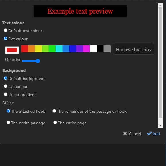 Le menu Colour montre le rendu avec l'option choisie. Les options pour la couleur du texte sont Default text colour et Flat colour.