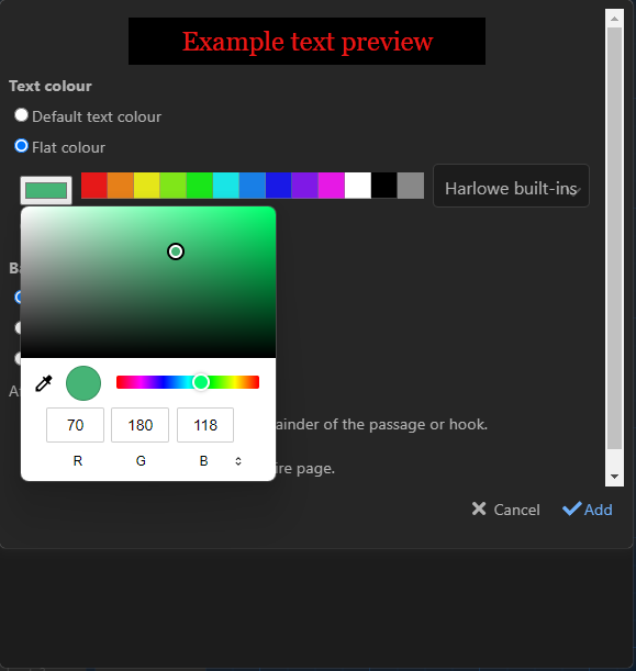 Le menu Colours, un nuancier permettant de choisir plus finement la couleur du texte est ouvert.