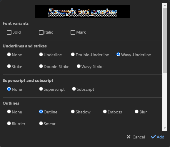Capture d'écran du haut du menu « Styles ». Sous une zone de prévisualisation des effets se trouvent différentes catégories d'effets avec des cases à cocher.