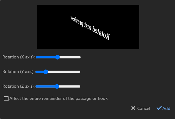 Une capture d'écran du menu de rotation du texte. Un zone de prévisualisation permet d'observer les changements appliqués par les trois curseurs en dessous.