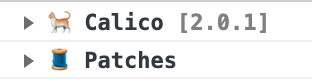 La console du navigateur affiche deux lignes. La première est "emoji chat Calico 2.0.1". La seconde est "emoji bobine de fil Patches".