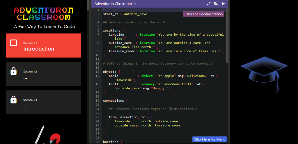 Capture d'écran de l'interface Classroom d'Adventuron. Un panneau tout à gauche montre le tutoriel. Le panneau au milieu montre le code source. Le panneau à droite est vide et contiendra le jeu lors des tests.