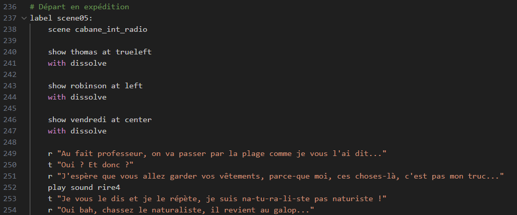 Capture d'écran de quelques lignes de code Ren'Py, permettant d'afficher un décor, trois personnages et quelques lignes de dialogue.