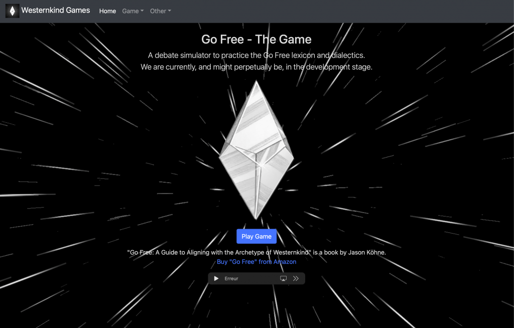 Écran titre du jeu "Go free" qui comporte un bouton pour jouer au jeu et un lien vers la page Amazon du livre éponyme.