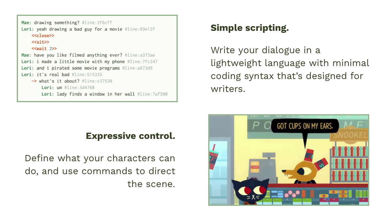 Capture d'écran issue de la page du moteur Yarn Spinner, qui vante la simplicité du language de script et l'expressivité possible pour les personnages et la mise en scène.