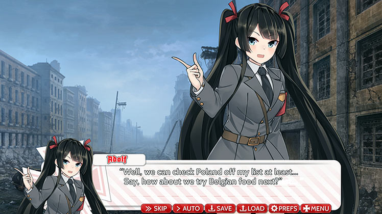 Une capture d'écran d'un visual novel où une jeune fille kawaï nommée Adolf pose devant une rue en ruines, elle se réjouit de s'être occupée de la Pologne et décide d'aller tester la nourriture Belge maintenant.