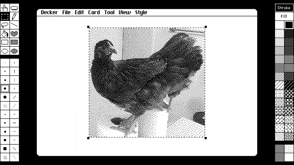 Au centre, une image d'oiseau importée dans Decker. À droite et à gauche, deux panneaux avec des outils de dessin.