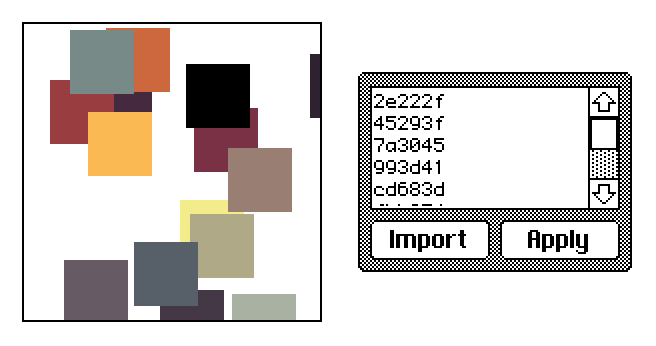 À gauche, un cadre carré est parsemé de carrés de couleurs permettant de visualiser la palette. À droite, une liste de codes hexadécimaux correspondant, puis deux boutons, import et apply.