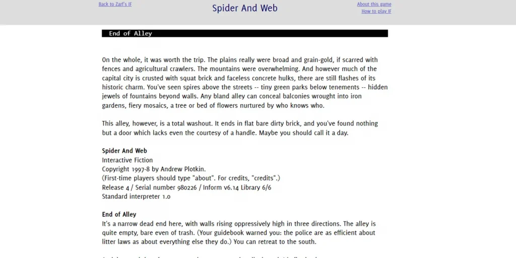 Une capture d'écran du début de la FI Spider and Web d'Andrew Plotkin.