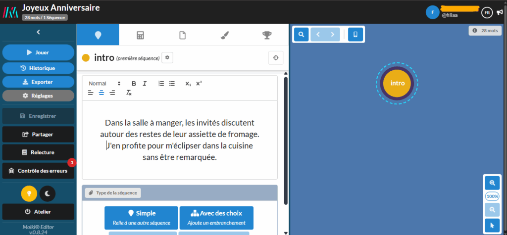 Capture d'écran de l'interface de l'atelier Moiki, au début d'un projet.